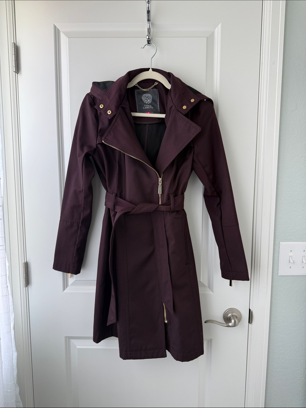 Vince Camuto Wine-Red Hooded Trench Coat with Gold Hardware